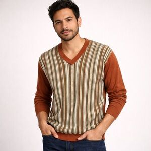 MIKO Men XXL Wool Blend V-Neck Sweater Rust Striped Colorblock Business Casual